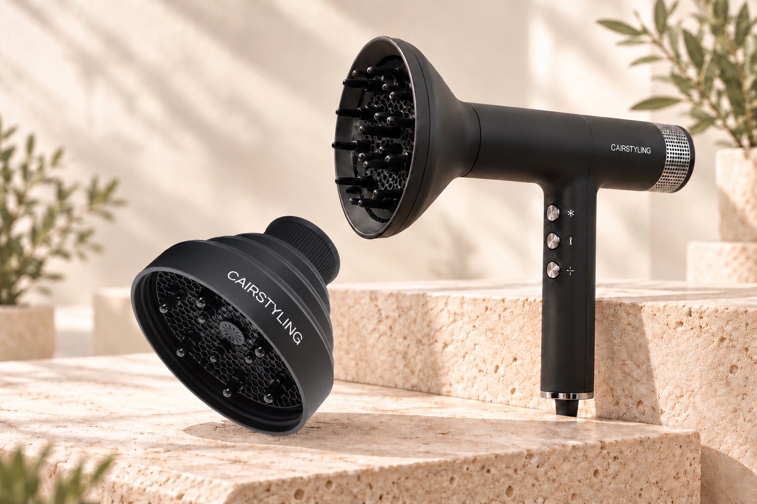 Black CAIRSTYLING hair dryer with a diffuser and a collapsible diffuser on stone steps