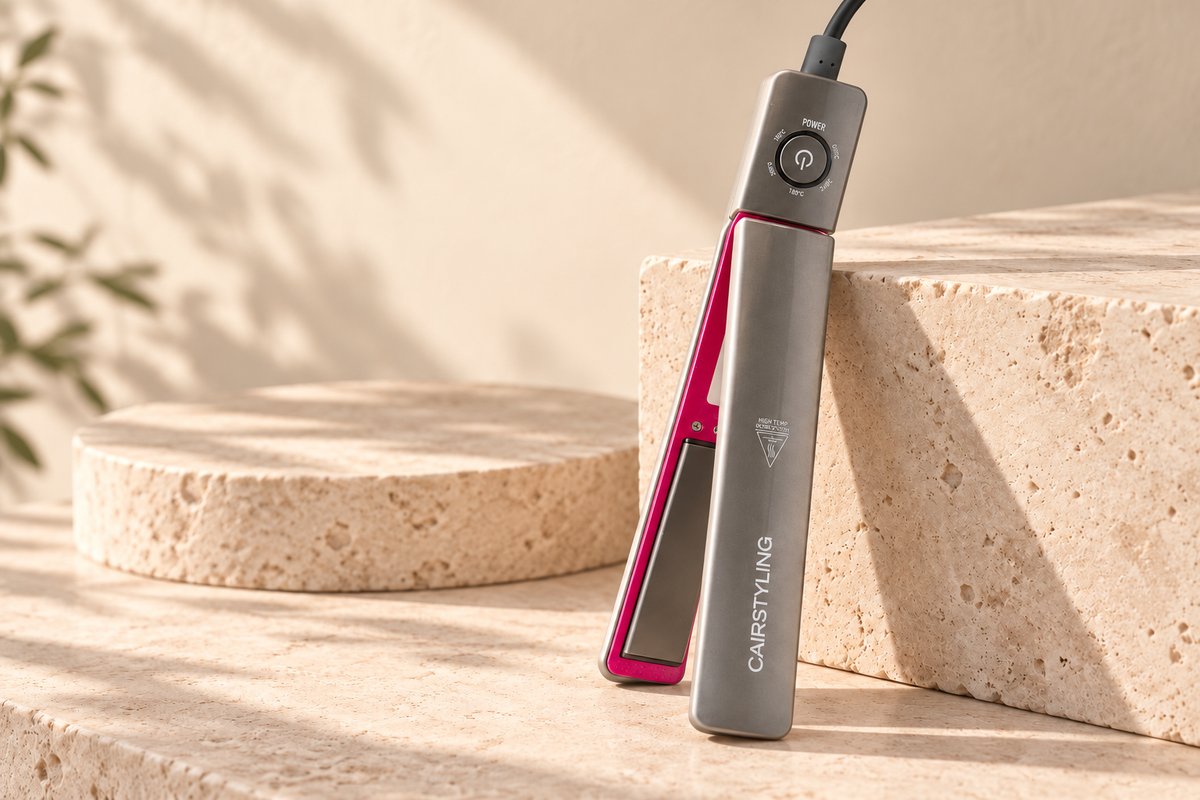 CAIRSTYLING flat iron in graphite and magenta leaning against a stone block