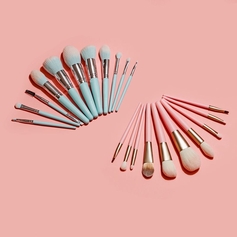 Mint and blush pink CAIRSKIN brush sets fanned out on coral