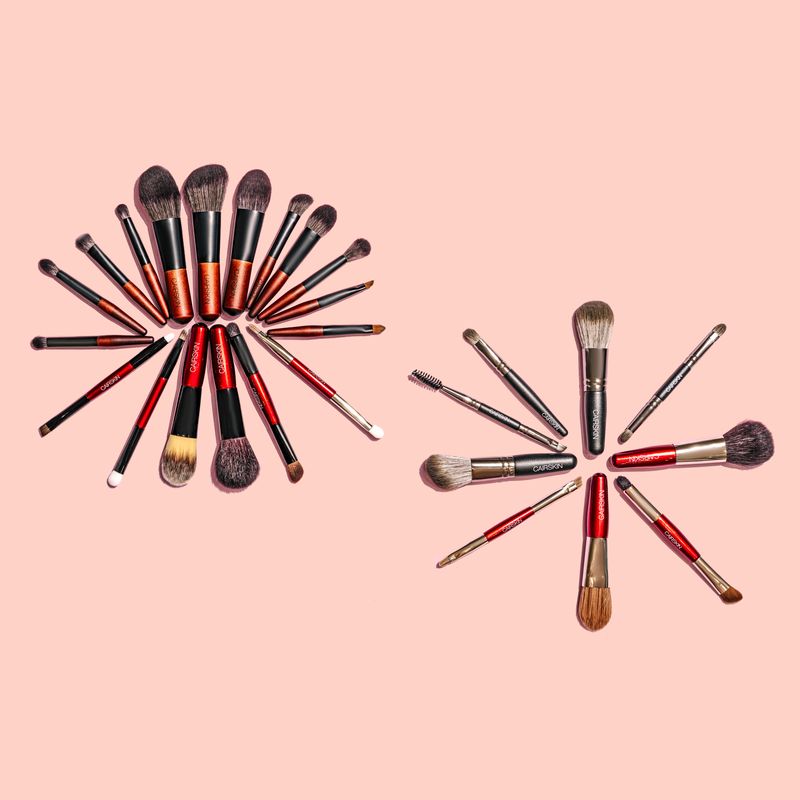 CAIRSKIN brushes with red and wooden handles arranged in two circles