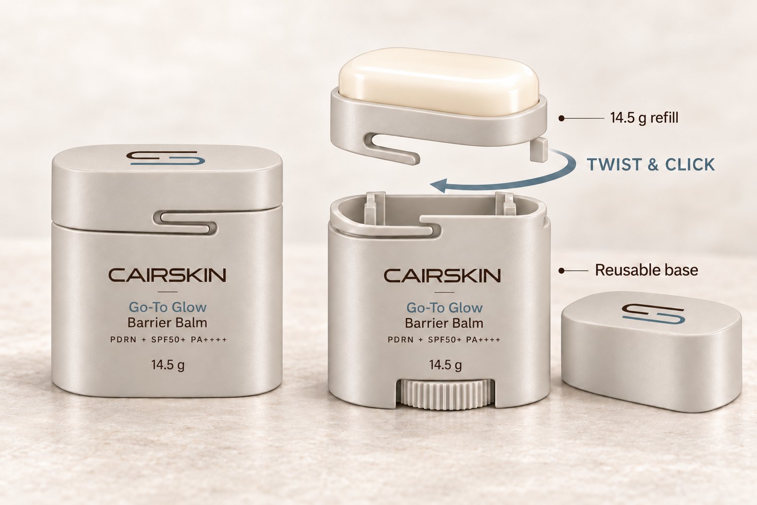 Concept visual of the Go-To Glow Barrier Balm: the closed stick, the open reusable base with a 14.5 g refill that twists and clicks into place, and the cap