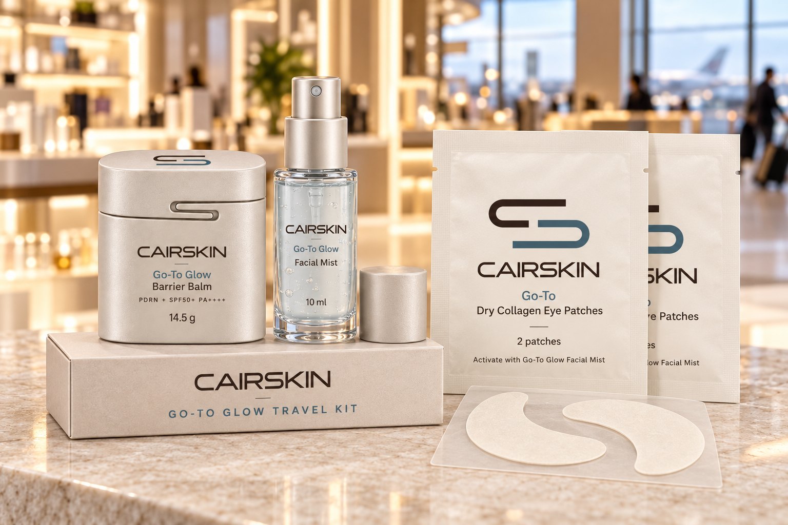 Concept visual of the CAIRSKIN Go-To Glow Travel Kit in a travel store: the Barrier Balm, the Facial Mist, two pouches of Dry Collagen Eye Patches and the kit box