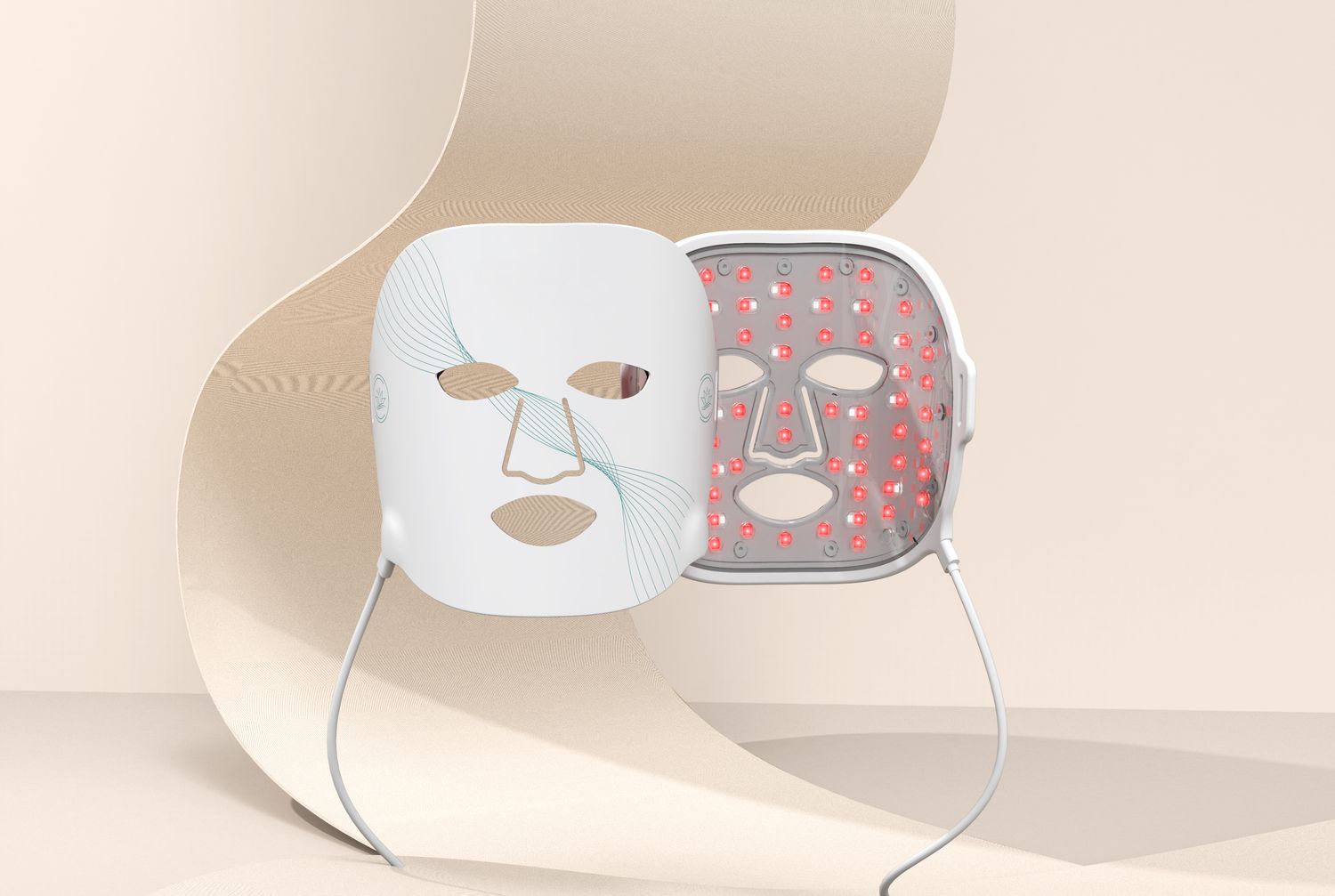 CAIRSKIN RE-Light mask shown from the front and from the inside with its red LEDs