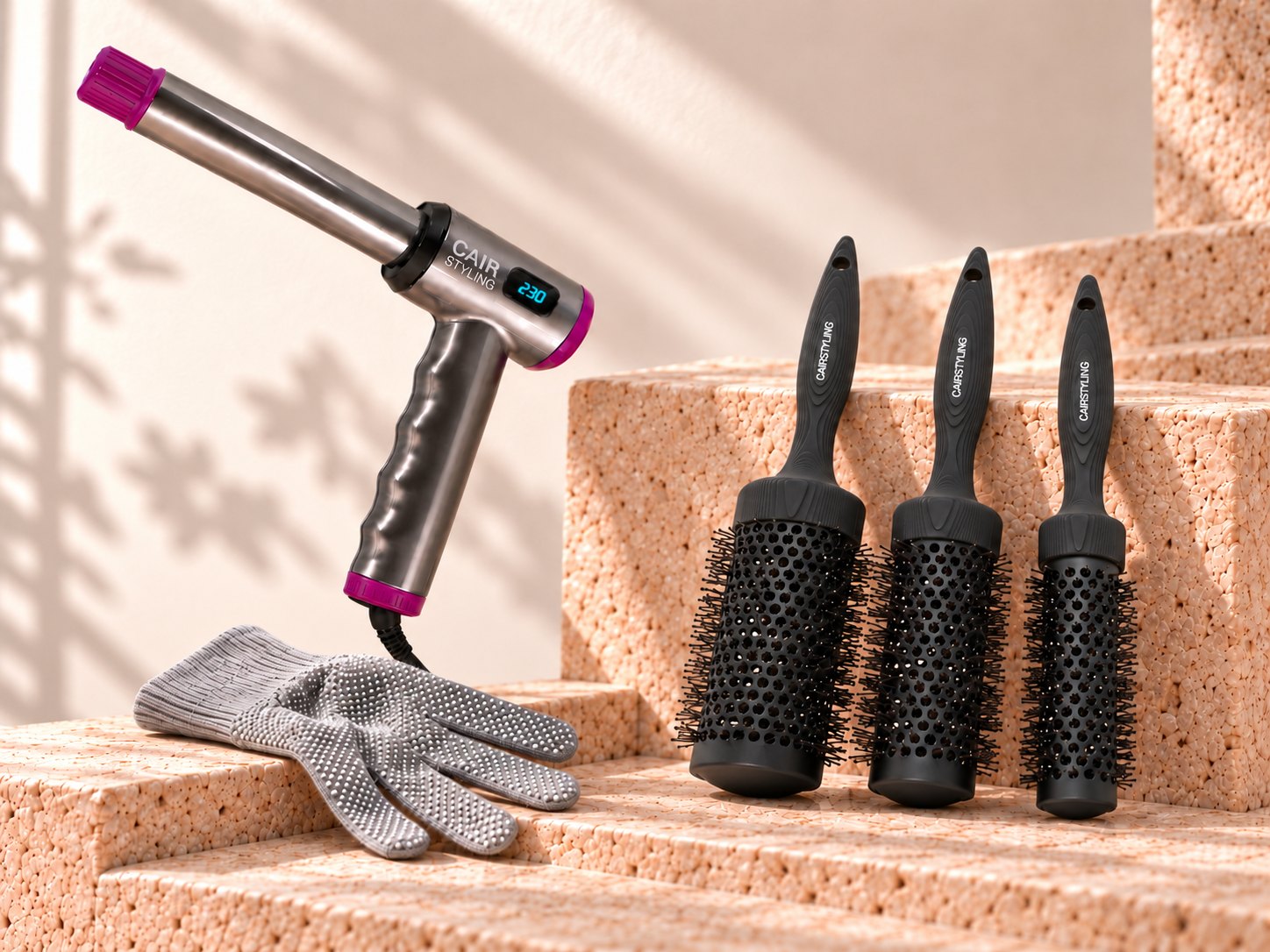 CAIRSTYLING curling wand with a temperature display, three round brushes standing on stone steps and a heat glove
