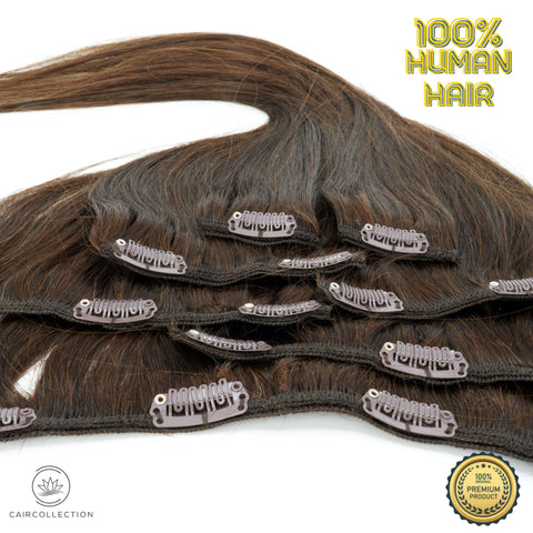 CAIRSTYLING CS609 - Brown Single Drawn 100% Human Hair - Clip-in Hair Extensions 110 Gram 51 CM (20 inch)