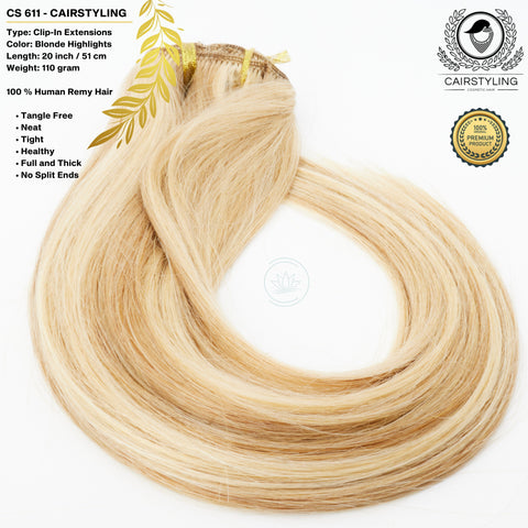 CAIRSTYLING CS611 - Blonde Single Drawn 100% Human Hair - Clip-in Hair Extensions 110 Gram 51 CM (20 inch)